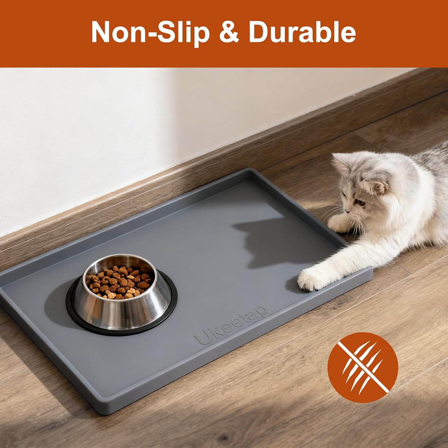ukeetap Extra Thick Silicone Mat Waterproof with Raised Edge 19‰۝ x 12‰۝, BPA Free Non-Slip Dog & Cat Food Mat, Feeding Mat for Food and Water Bowls, Spill Proof Mat to Protect Floors, Gray