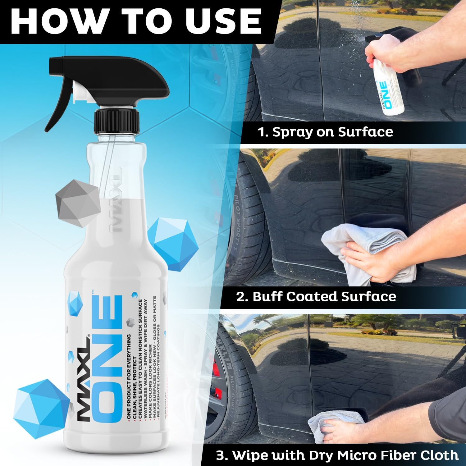 MAXLONE ‰ã¢ Car Spray with Tripheneå¨ Technology, Quick Spray & Wipe All Purpose Waterless Detailer - Clean, Shine, Protect Paint, Glass, Wheels, Trim Without Pre-Washing (2, 20oz w 4 Micro Fiber Cloth)