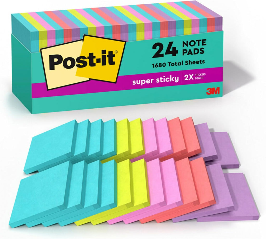 Post-it Super Sticky Notes, 24 Sticky Note Pads, 3 x 3 in., School Supplies