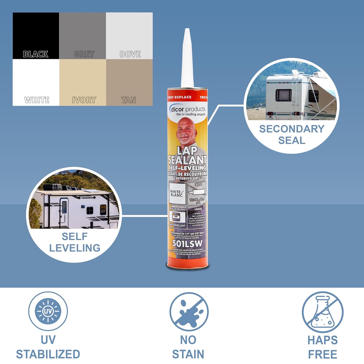 Dicor 501LSW-1 Epdm Self-Leveling Lap Sealant-10.3 Oz. Tube, White, 10.3 Fluid_Ounces (Packaging May Vary)