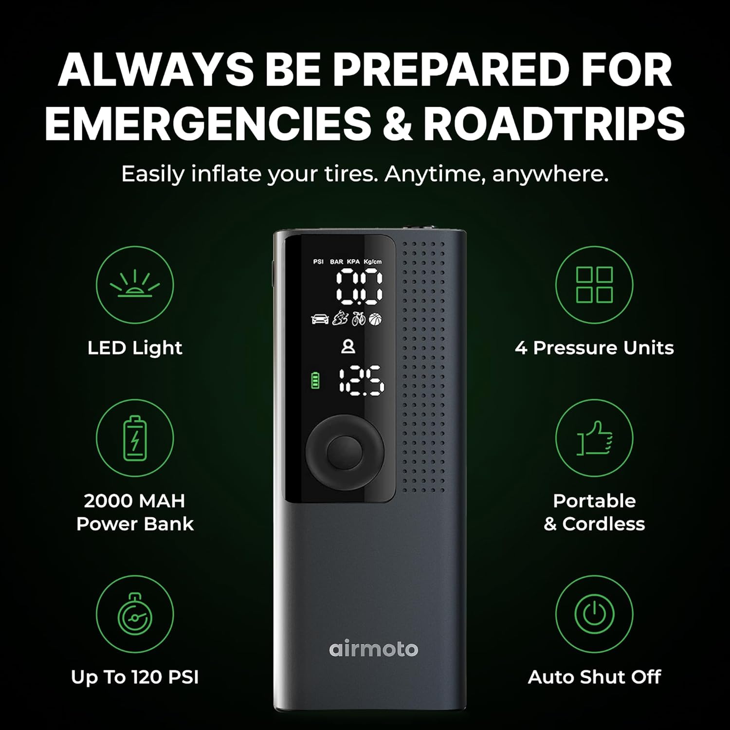 Airmoto Tire Inflator Portable Air Compressor - Air Pump For Car Tires with