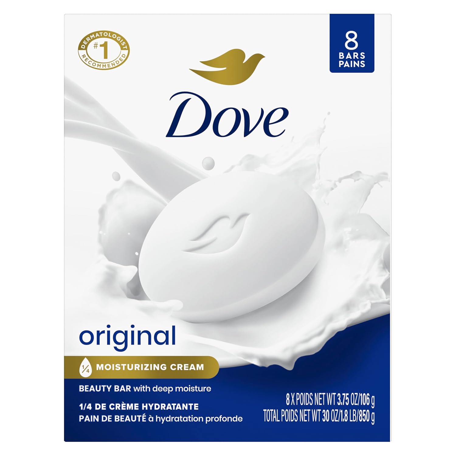 Dove Beauty Bar Soap Original 8 Count for Soft, Smooth Skin, with 1/4