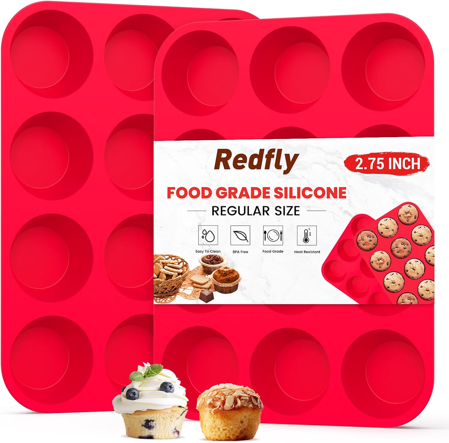 Redfly 2 Pack Silicone Muffin Pans for Baking & Cupcake Pan - 12 Cup Regular
