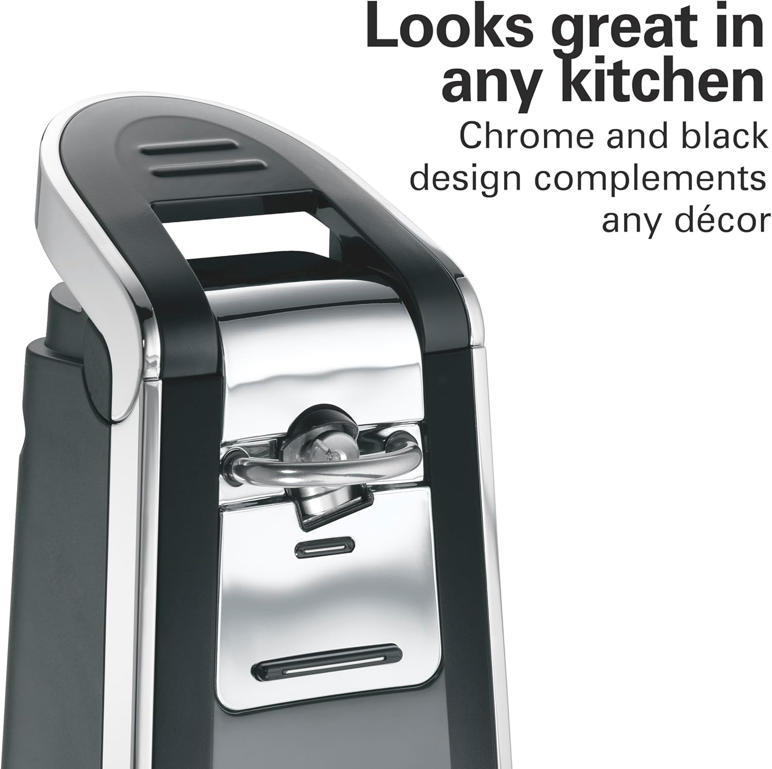 Hamilton Beach Smooth Touch Electric Automatic Can Opener with Easy Push Down Lever, Eliminates Sharp Edges, Opens All Standard-Size and Pop-Top Cans, Extra Tall, Black and Chrome (76606AG)