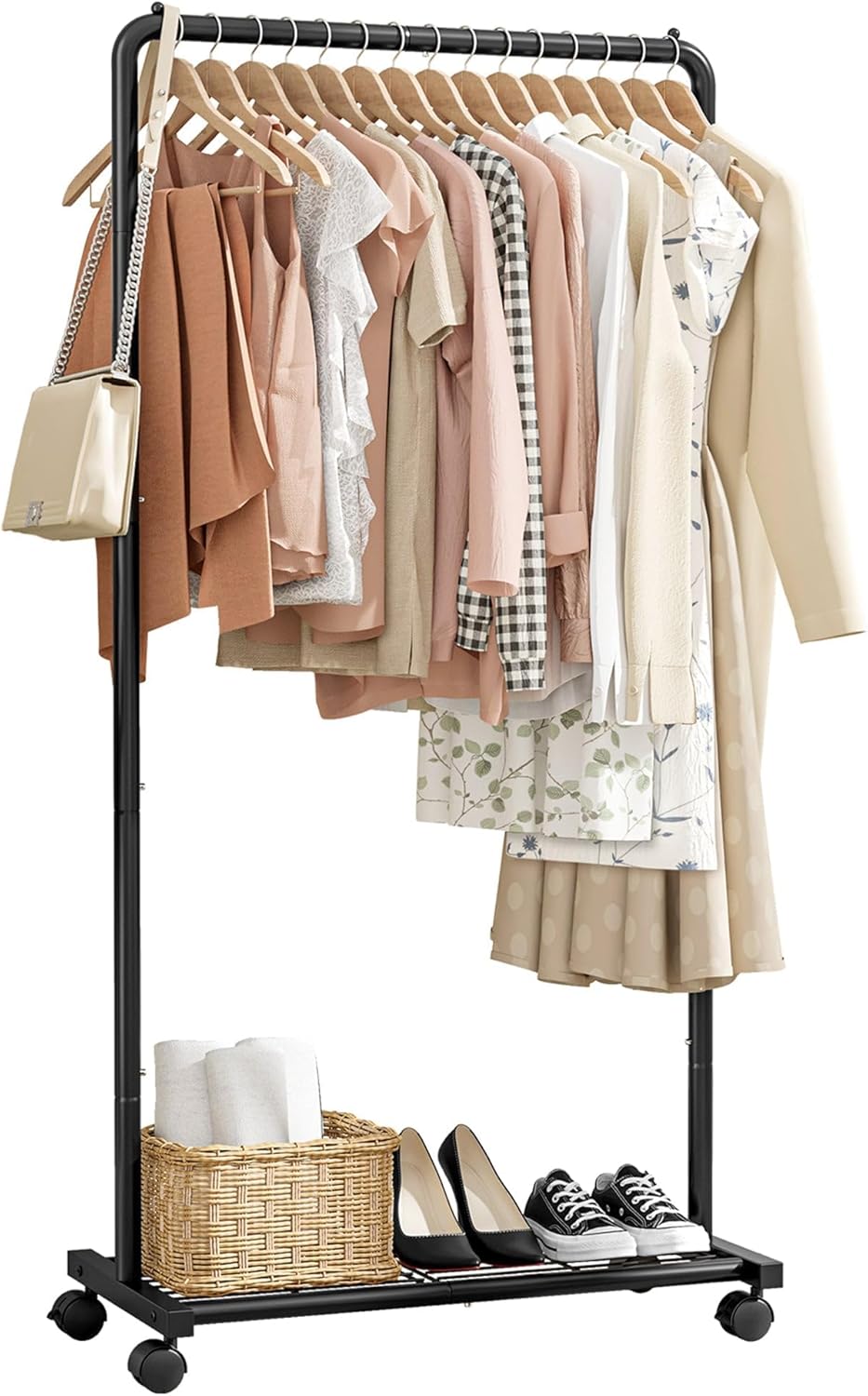 Sakugi Clothes Rack - Clothing Rack with Storage Mesh Shelf & Casters