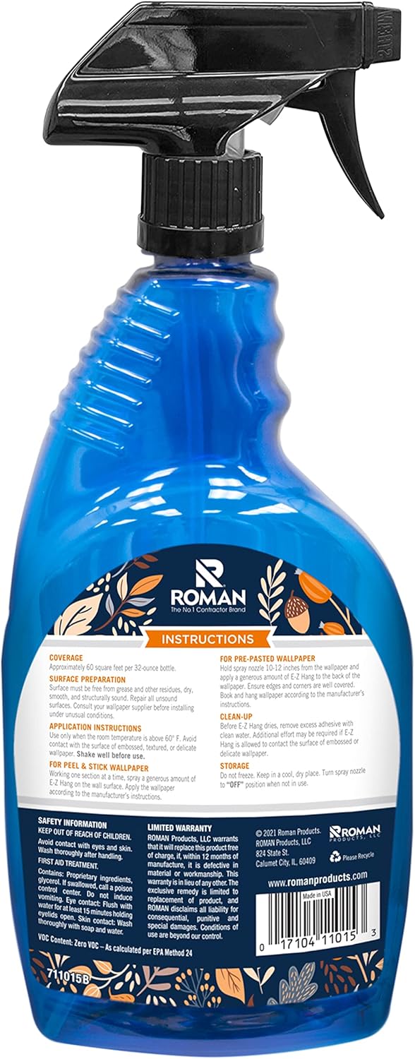 Roman‰۪s E-Z Hang Peel & Stick Wallpaper Helper, Clear, Non-Staining, 32 Fluid Ounces