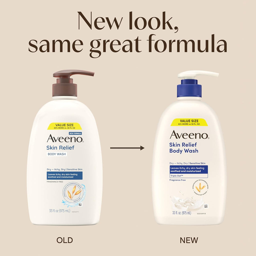 Aveeno Skin Relief Fragrance-Free Body Wash with Triple Oatå¨ Complex, Gentle Daily Cleanser for Sensitive Skin Leaves Itchy, Dry Skin Feeling Soothed & Moisturized, 33 fl. oz