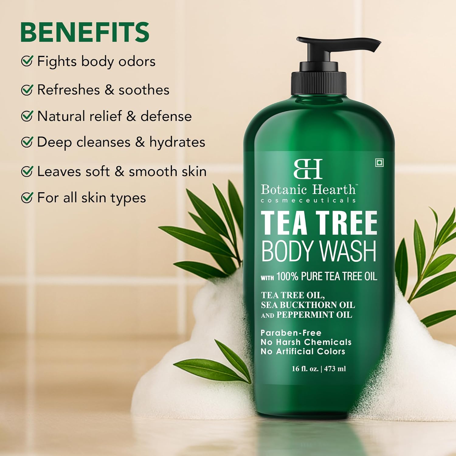 Botanic Hearth Tea Tree Body Wash -16 fl oz- All-Natural Antifungal & Odor-Control Shower Gel for Acne, Athlete‰۪s Foot, Ringworm, Jock Itch & Healthy Skin,Sulfate & Paraben Free, for Men and Women