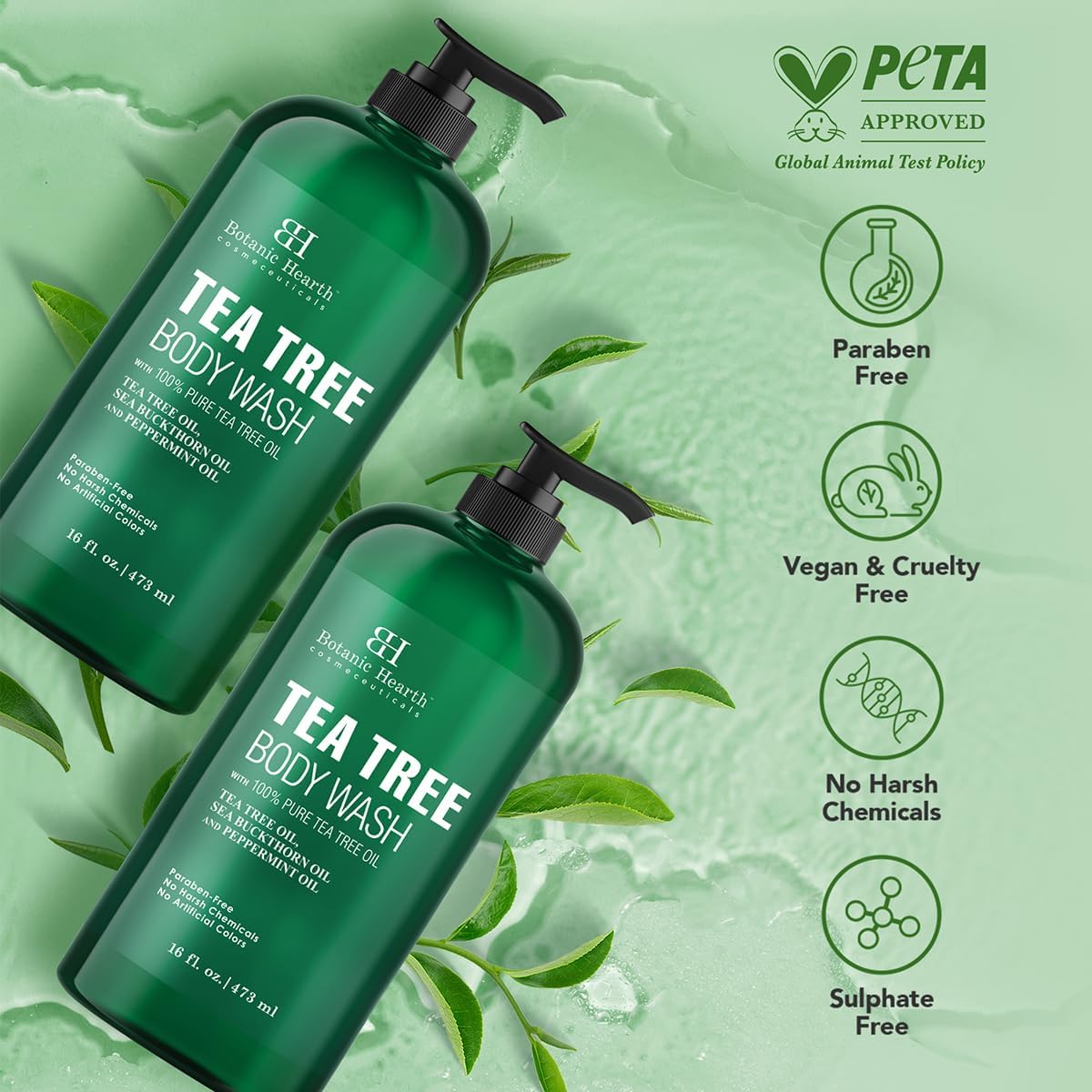 Botanic Hearth Tea Tree Body Wash 16 fl oz (2 Pack) Natural Antifungal & Odor Control Shower Gel for Acne, Athlete‰۪s Foot, Ringworm, Jock Itch, Healthy Skin, Sulfate & Paraben Free, for Men & Women