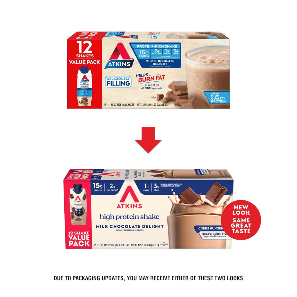 Atkins Milk Chocolate Delight High Protein Shake, 15g Protein, 2g Net Carb