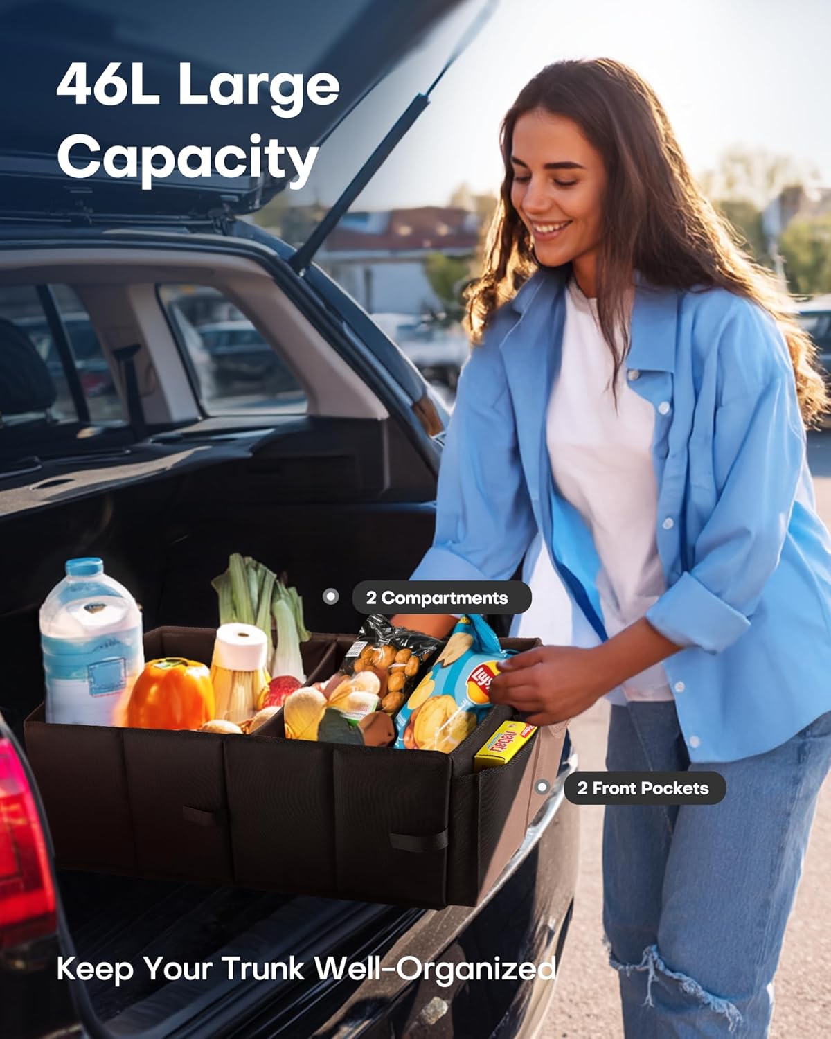 HOTOR Trunk Organizer - Car Organizer, Foldable Trunk organizer for SUVs & Sedans, Sturdy Car Organization for Car Accessories, Tools, Sundries, Black, 2 Compartments, 21.3"ÌÑ12.6"ÌÑ10.6"