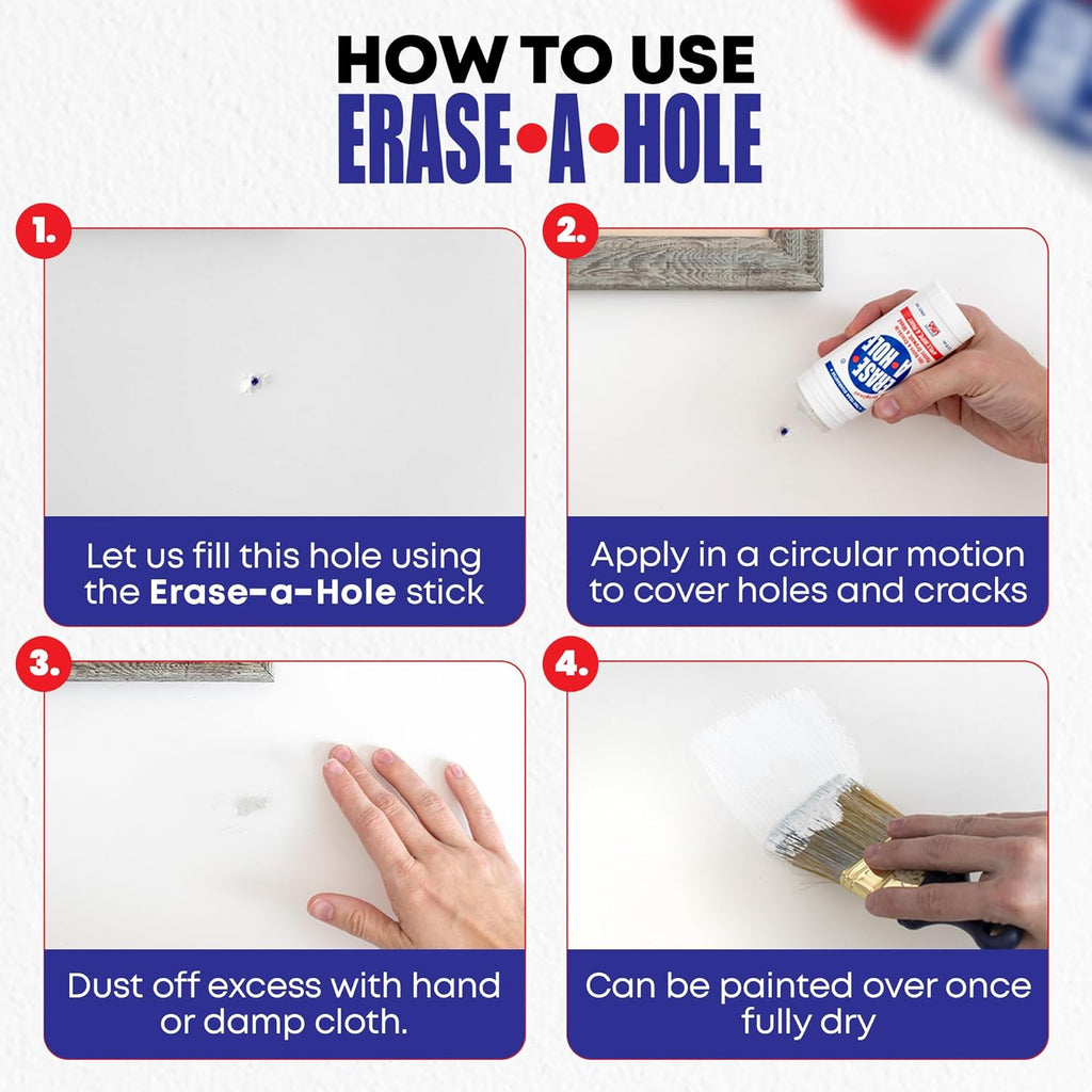 Erase-A-Hole Wall Repair Stick ‰ÛÒ Quick-Dry Nail & Screw Hole Filler for Drywall, Wood & Plaster ‰ÛÒ No Sand Spackle Alternative, Paintable Putty, 4.5 oz