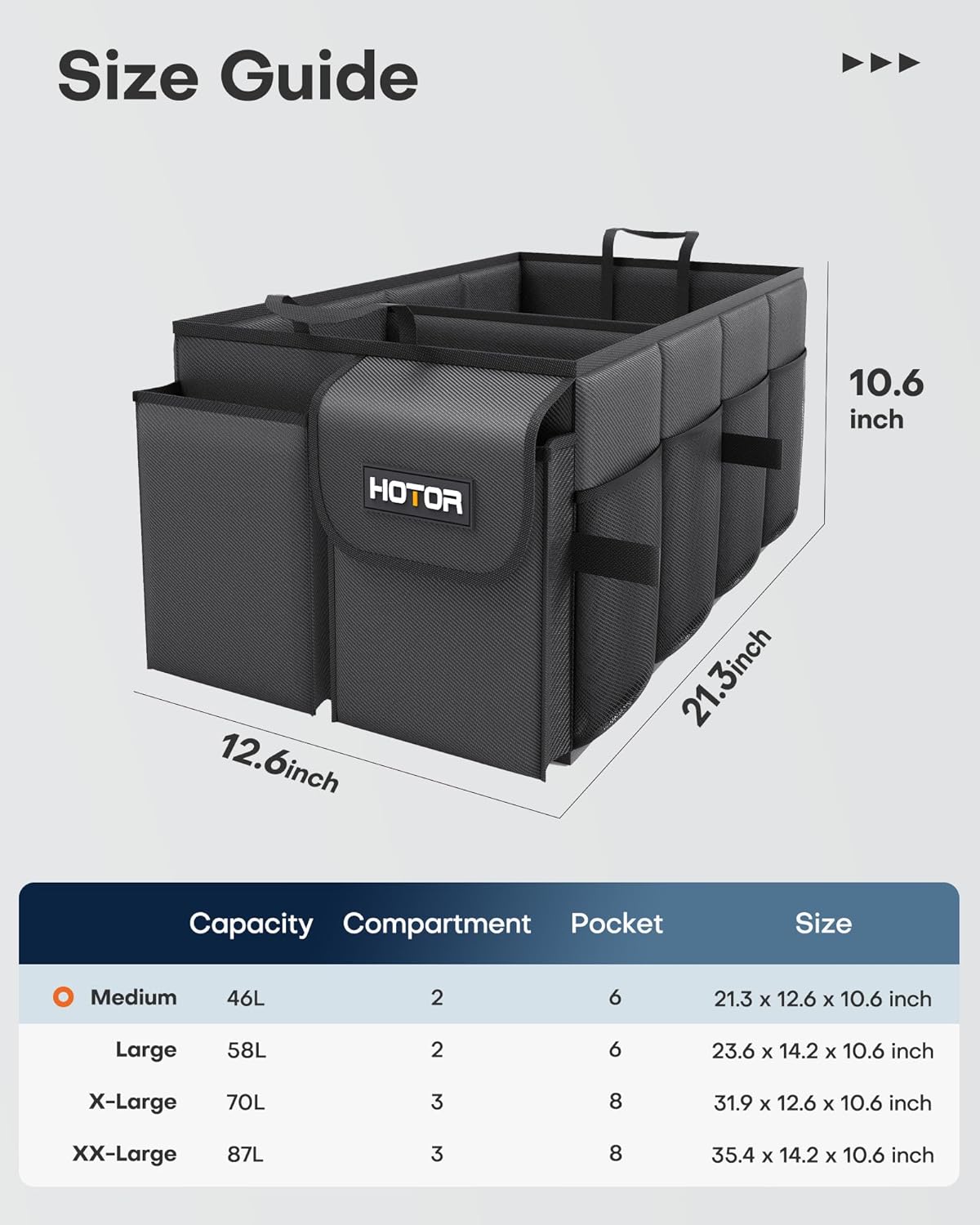 HOTOR Trunk Organizer - Car Organizer, Foldable Trunk organizer for SUVs & Sedans, Sturdy Car Organization for Car Accessories, Tools, Sundries, Black, 2 Compartments, 21.3"ÌÑ12.6"ÌÑ10.6"