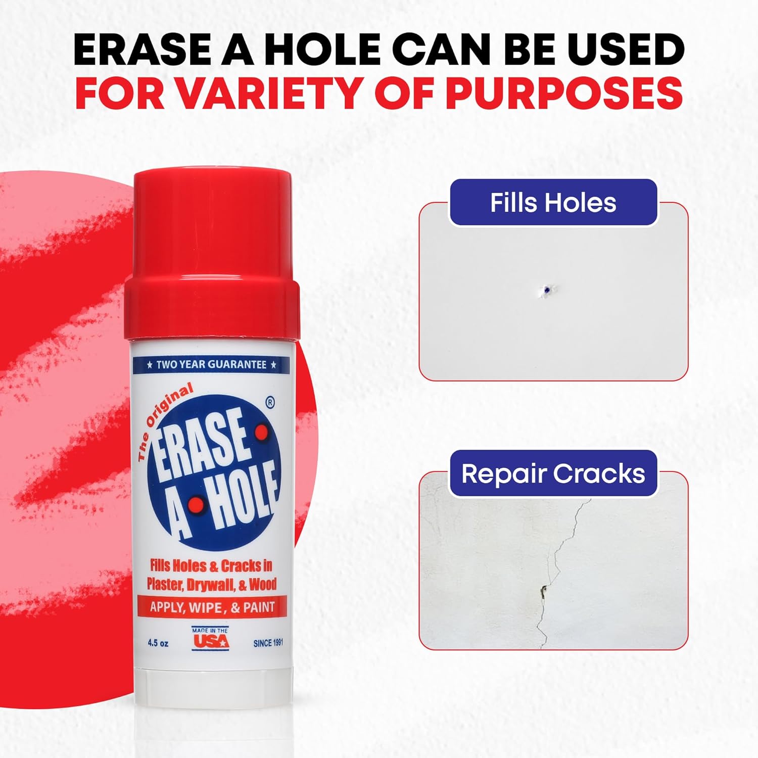 Erase-A-Hole Wall Repair Stick ‰ÛÒ Quick-Dry Nail & Screw Hole Filler for Drywall, Wood & Plaster ‰ÛÒ No Sand Spackle Alternative, Paintable Putty, 4.5 oz