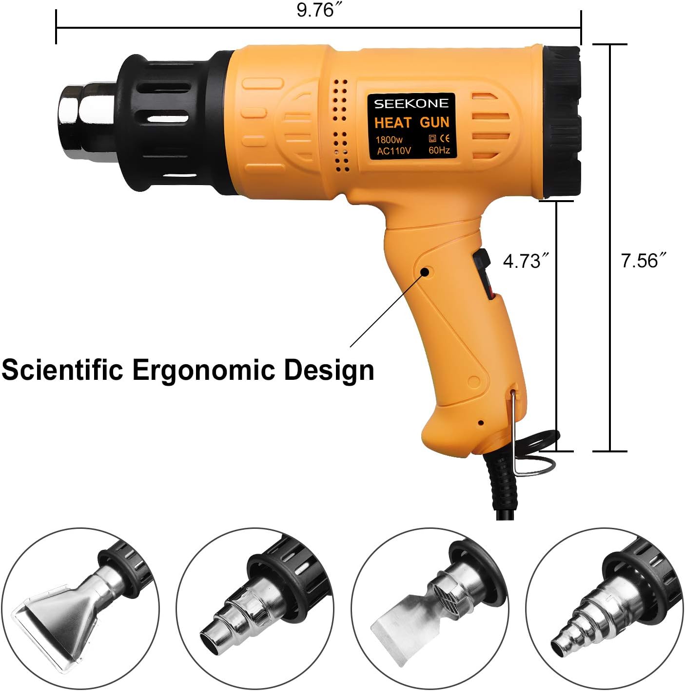 SEEKONE Heat Gun 1800W 122‰ãä-1202‰ãä•?ö50‰ãÄ- 650‰ãĕ?äFast Heating Heavy Duty Hot Air Gun Kit Variable Temperature Control Overheat Protection with 4 Nozzles for Crafts, Shrinking PVC, Stripping Paint(5.2FT)
