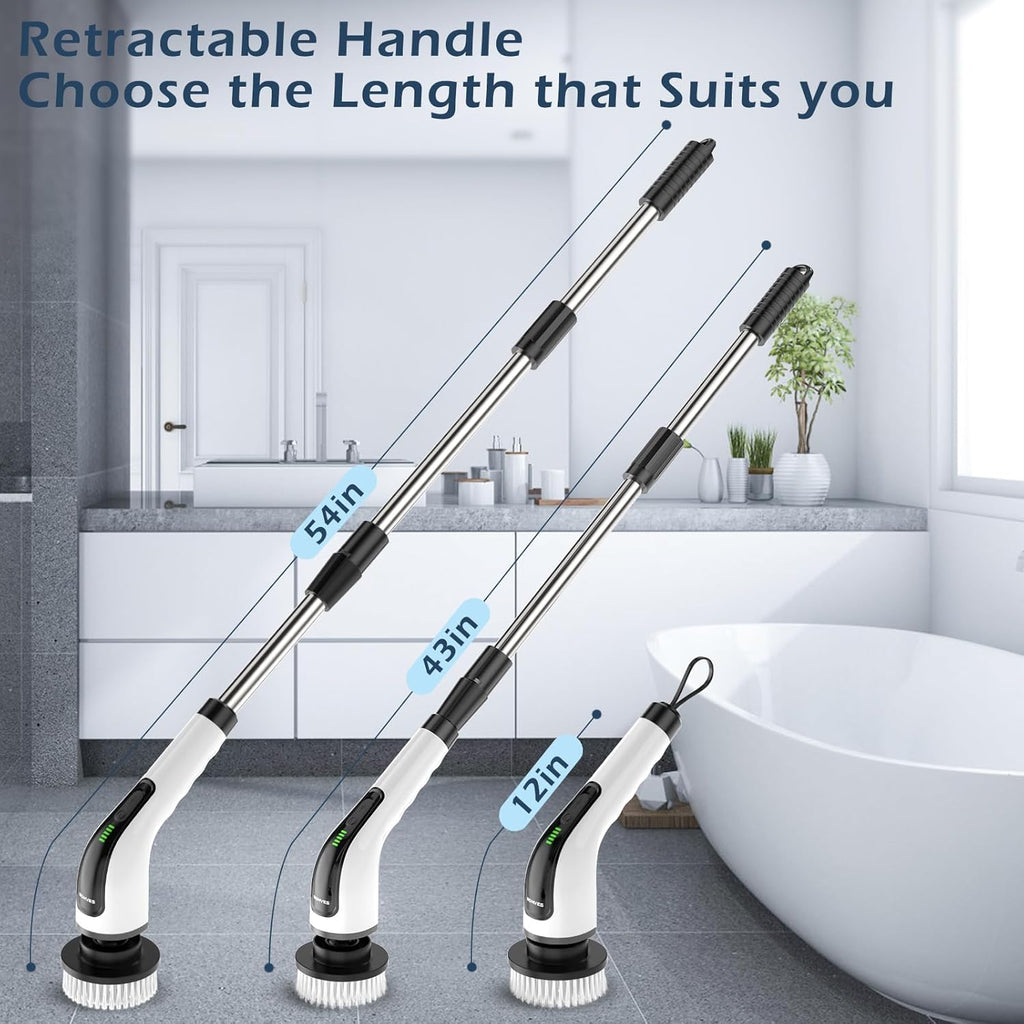 Bomves Electric Spin Scrubber, Cordless Cleaning Brush Scrubber for Home, 8 Replaceable Brush Heads-90Mins Work Time, 3 Adjustable Size, 2 Speeds for Bathroom Shower Bathtub Glass Car