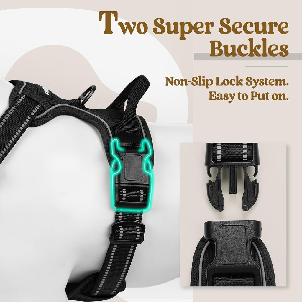 rabbitgoo Dog Harness No Pull with 2 Leash Clips, Adjustable Soft Padded, Reflective Oxford No Choke Pet Vest with Easy Control Handle for Large Dogs, Black, L