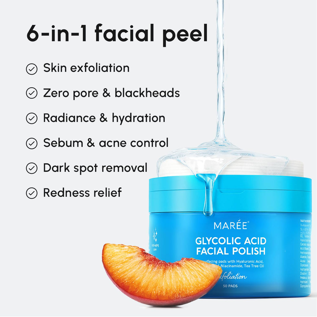 MAREE Glycolic Acid Pads - Toner Pads for Face Cleansing - Exfoliating Pad with Tea Tree Oil, Salicylic Acid & Vitamins E, B3, B5 - Acne Clearing, Skin Pore Resurfacing & Radiance Device - 50 Count