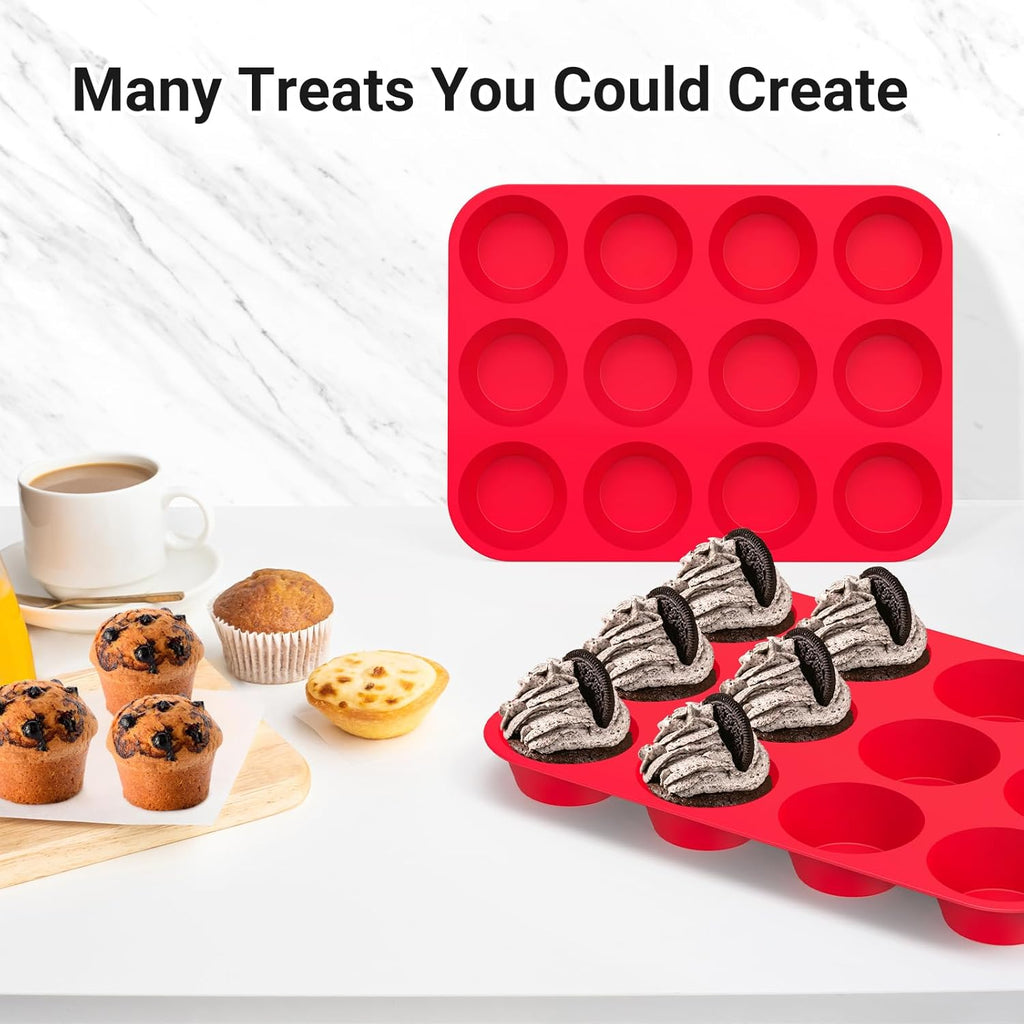 Redfly 2 Pack Silicone Muffin Pans for Baking & Cupcake Pan - 12 Cup Regular