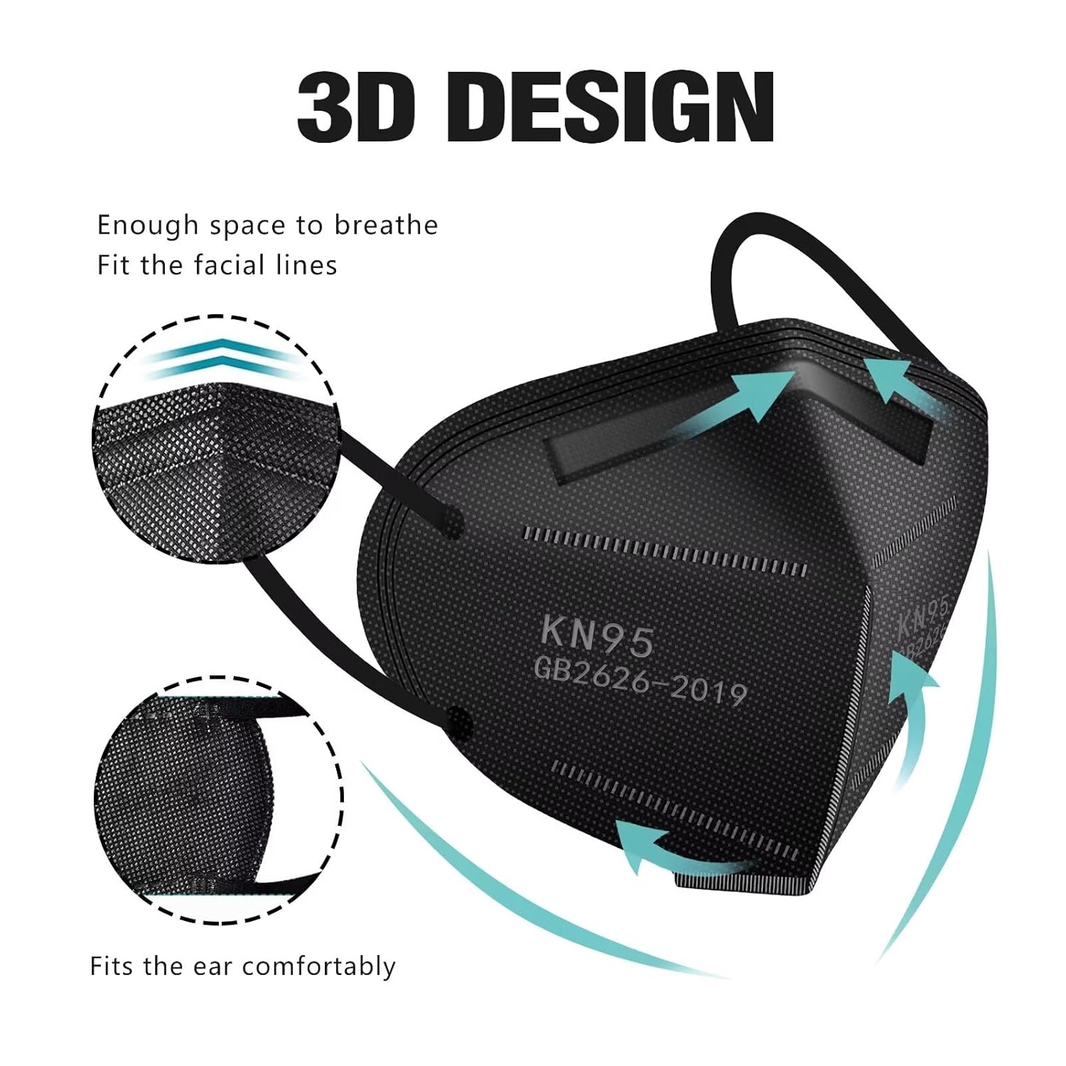 LEMENT 50pcs KN95 Face Mask Black 5 Layer Cup Dust Safety Masks Filter Efficiency‰ä´95% Breathable Elastic Ear Loops Black Masks