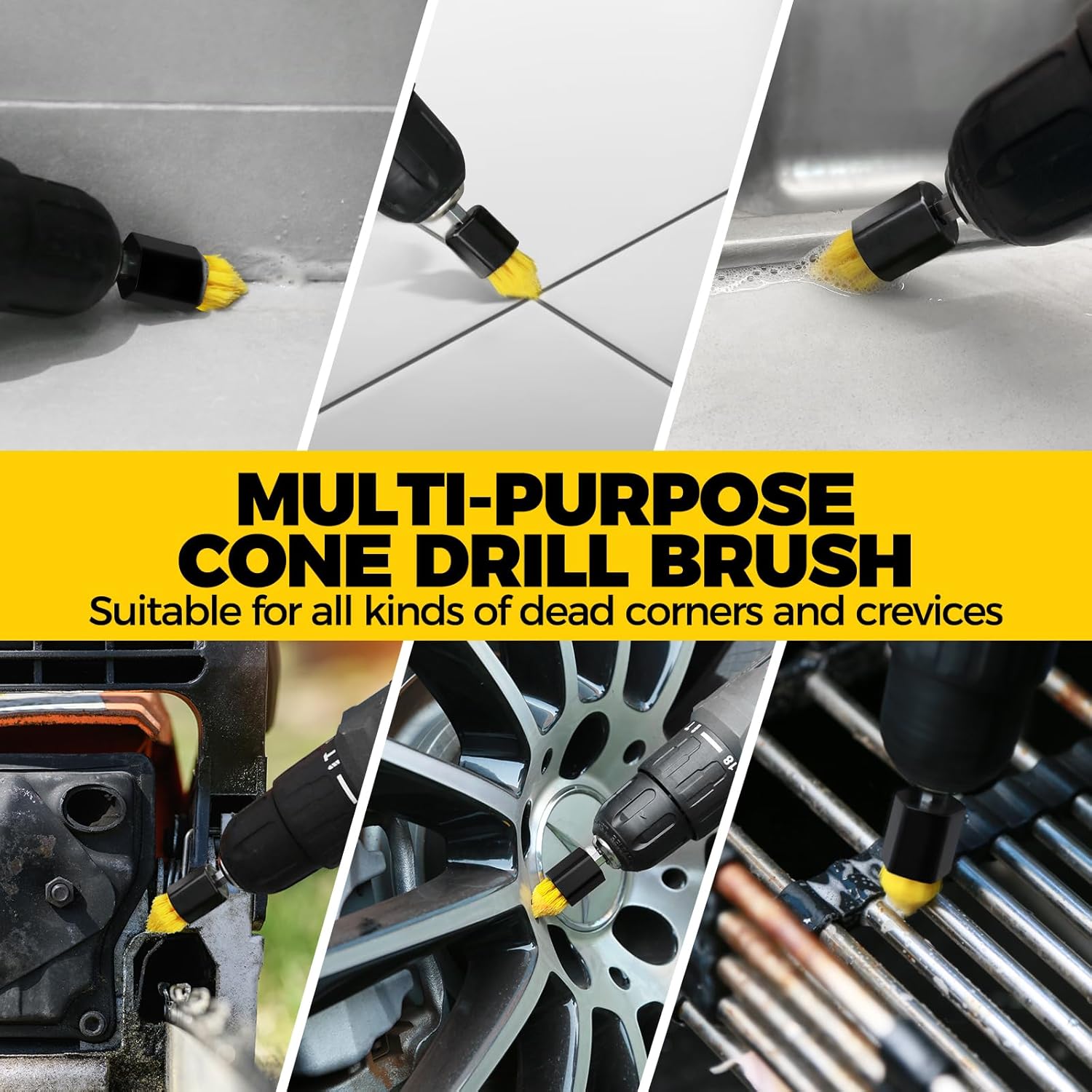 Holikme 6Pack Drill Brush Power Scrubber Cleaning Brush Extended Long Attachment Set All Purpose Drill Scrub Brushes Kit for Grout, Floor, Tub, Bathroom and Kitchen Surface,Scratch Brushes•?öYellow•?ä