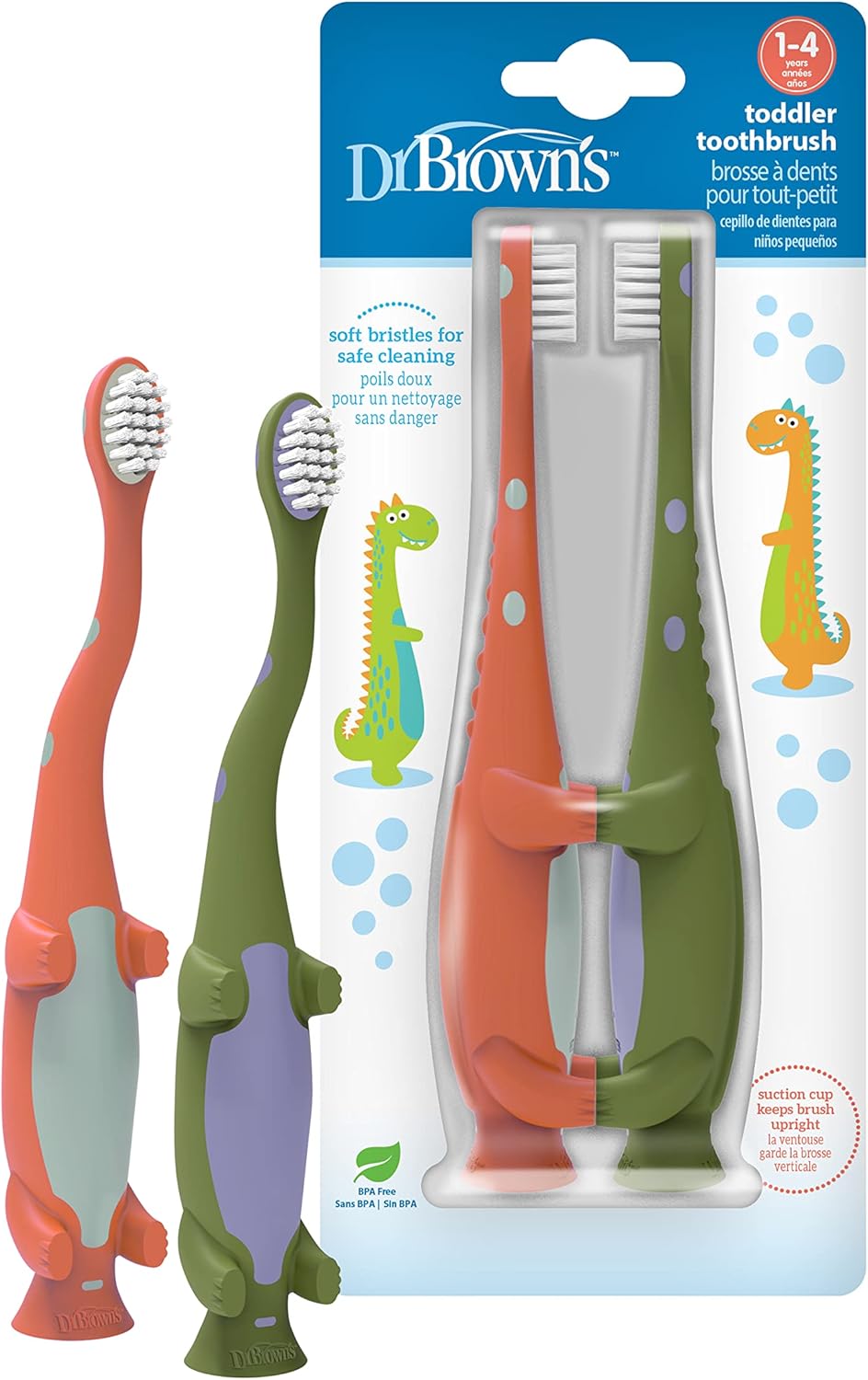 Dr. Brown's Baby and Toddler Toothbrush, Green and Orange Dinosaur 2-Pack
