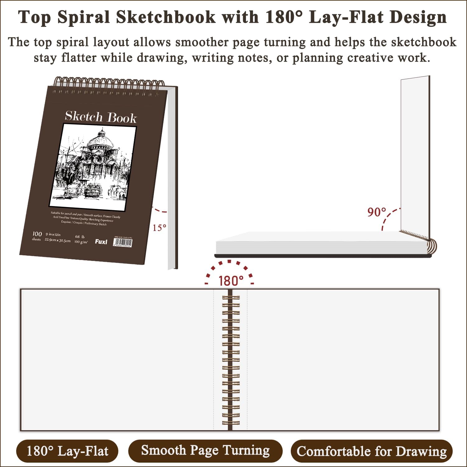 Fuxi 9" x 12" Sketch Book, Top Spiral Bound Sketch Pad, 100 Sheets 68lb/100gsm Acid-Free Drawing Paper, Art Sketchbook for Drawing Pad for Kids Artists & Beginners Professional Art Supplies for Adults