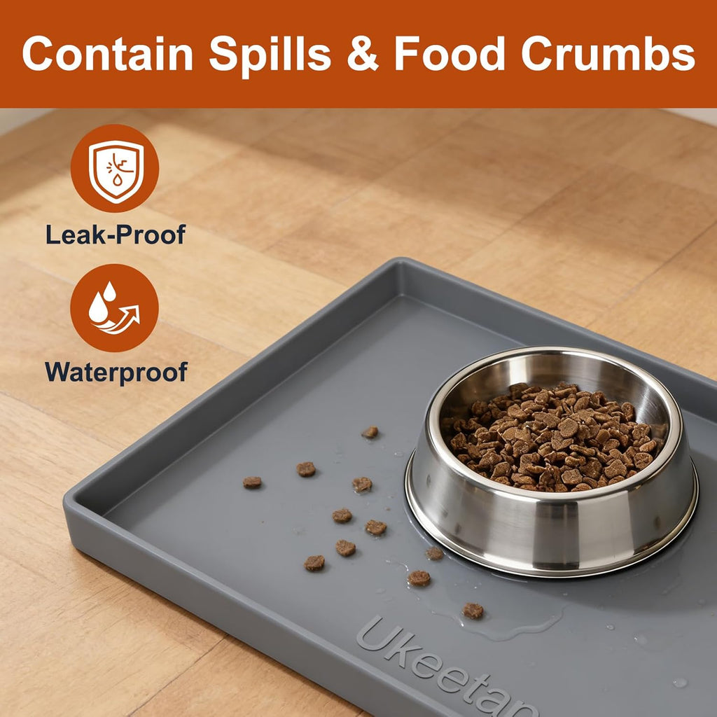 ukeetap Extra Thick Silicone Mat Waterproof with Raised Edge 19‰۝ x 12‰۝, BPA Free Non-Slip Dog & Cat Food Mat, Feeding Mat for Food and Water Bowls, Spill Proof Mat to Protect Floors, Gray