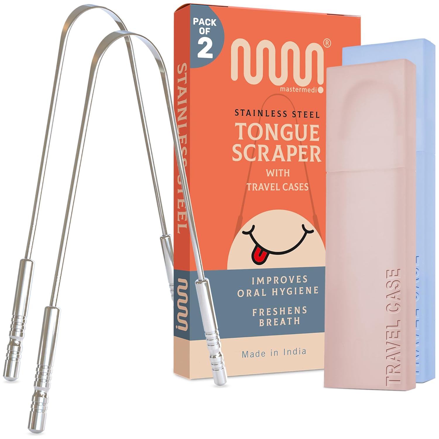MasterMedi Tongue Scraper for Adults with Multicolor Travel Cases (2 Pack)