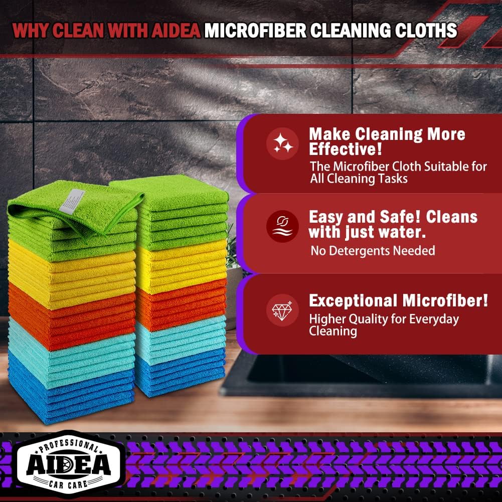AIDEA Microfiber Cleaning Cloth, 50PK, Microfiber Towels for Cars, Premium Wash Cloths, Dusting Cloth Cleaning Rags, Absorbent Towels for SUVs, House, Kitchen, Window, Cleaning Supplies12ÌÑ12"