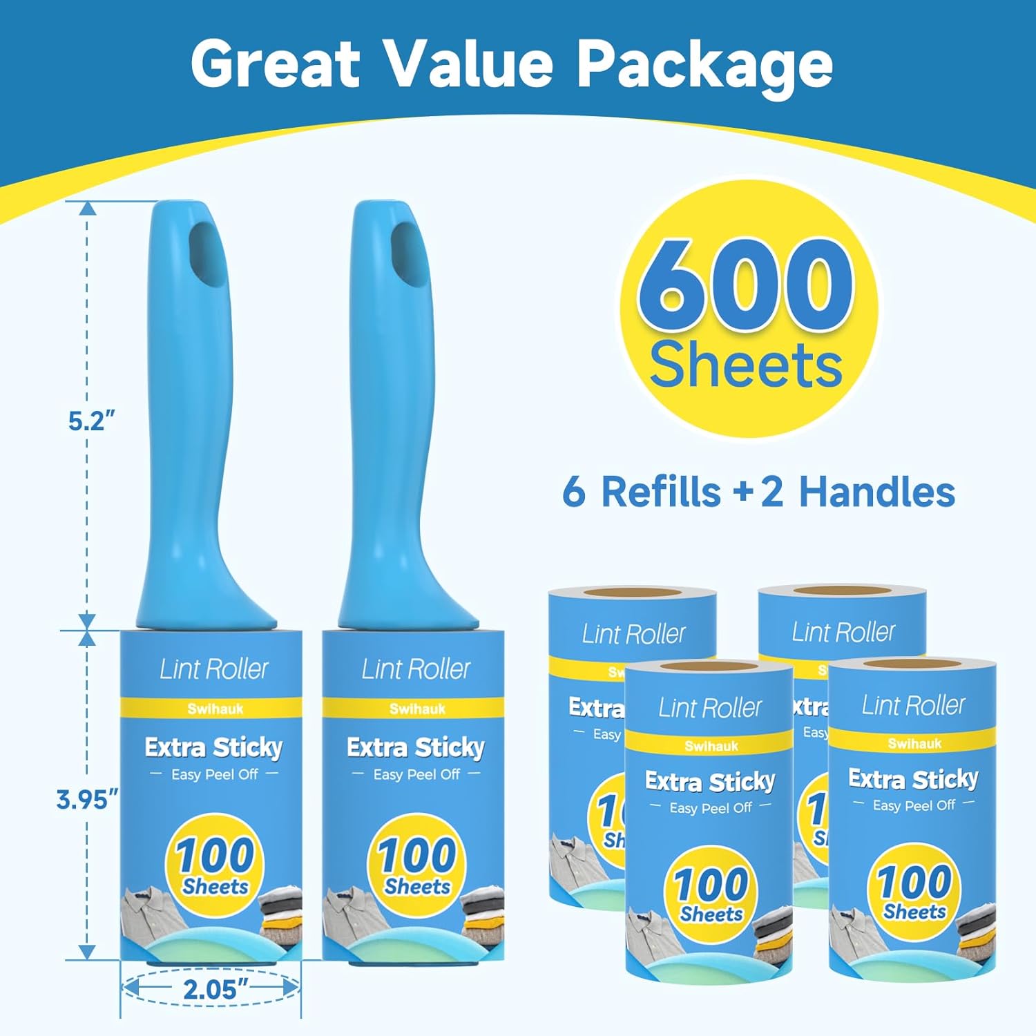 Swihauk 600 Sheets Extra Sticky Lint Rollers for Pet Hair, Easy Spiral Tear