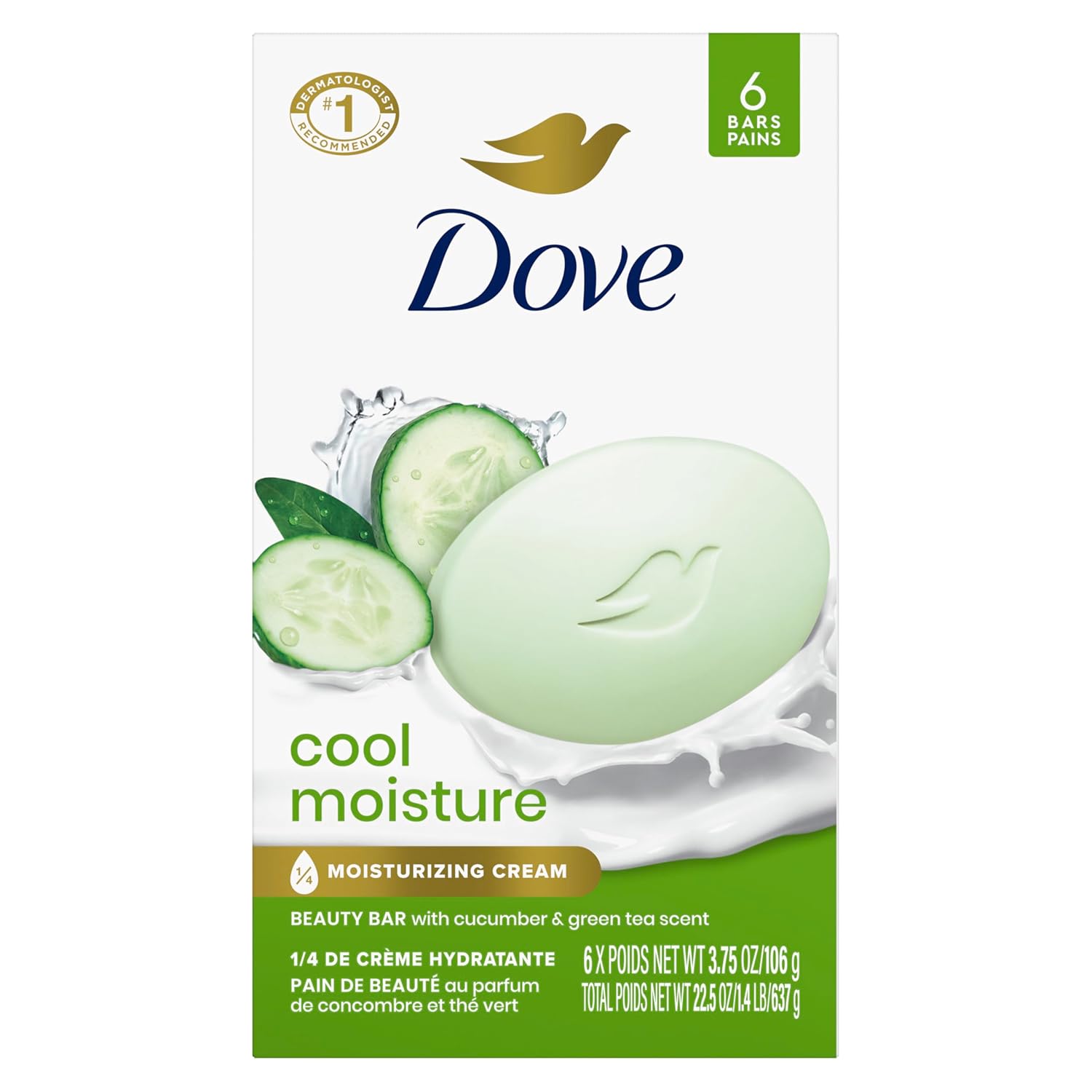 Dove Beauty Bar Soap Cool Moisture Cucumber & Green Tea Scent, 6 Bars for