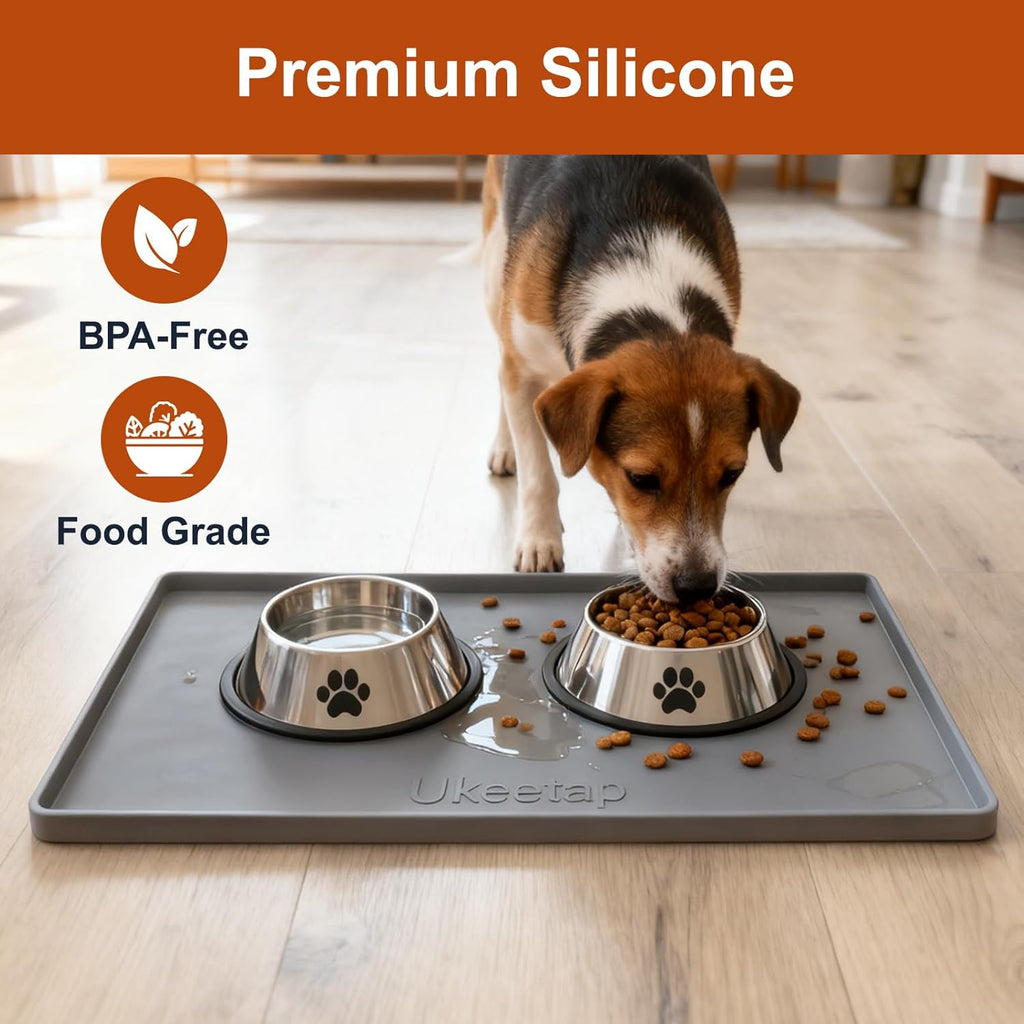 ukeetap Extra Thick Silicone Mat Waterproof with Raised Edge 19‰۝ x 12‰۝, BPA Free Non-Slip Dog & Cat Food Mat, Feeding Mat for Food and Water Bowls, Spill Proof Mat to Protect Floors, Gray