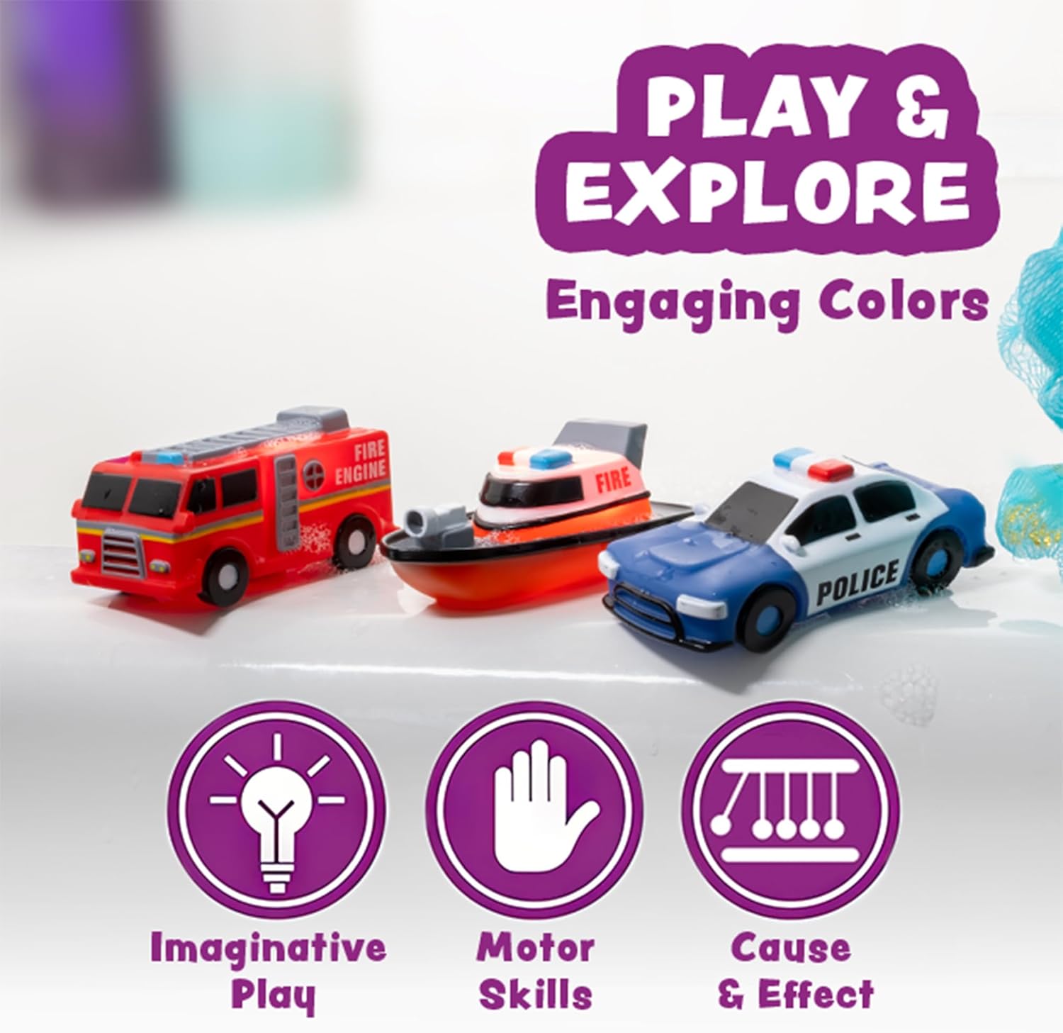 Tub Workså¨ Emergency‰ã¢ Cars Light Up Bath Toys, 6 Pack | Water-Activated Light Up Toys Flash & Change Color | Soft, Squeezable Baby & Toddler Bath Toys | Sensory Toys with Bath Lights for Kids Bath