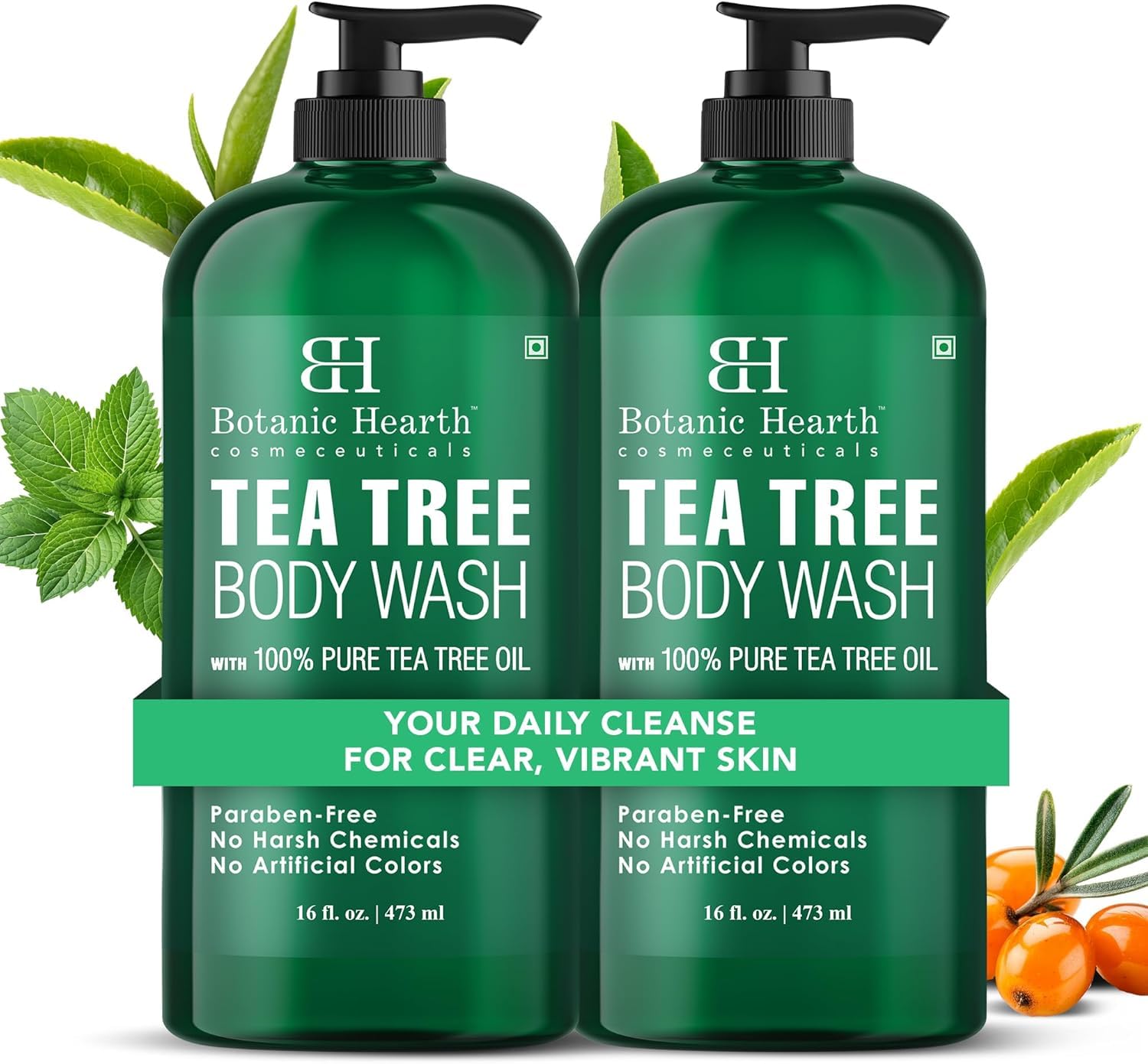 Botanic Hearth Tea Tree Body Wash 16 fl oz (2 Pack) Natural Antifungal & Odor Control Shower Gel for Acne, Athlete‰۪s Foot, Ringworm, Jock Itch, Healthy Skin, Sulfate & Paraben Free, for Men & Women