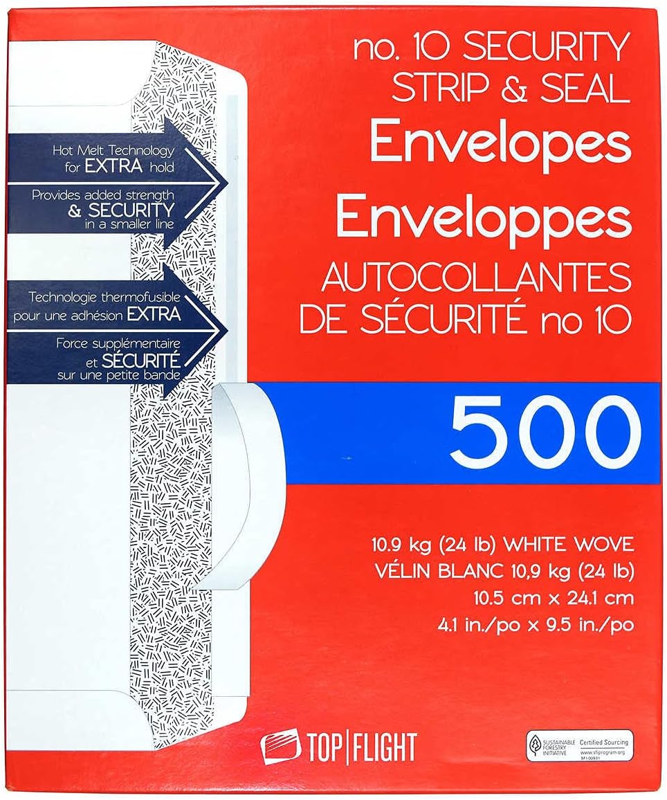 Top Flight PSTF10NWT #10 Envelopes, Strip & Seal, Security Tinted, White