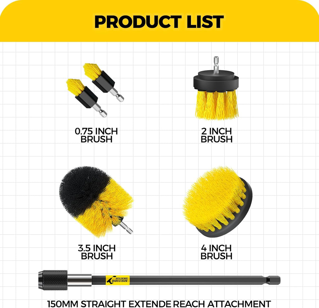 Holikme 6Pack Drill Brush Power Scrubber Cleaning Brush Extended Long Attachment Set All Purpose Drill Scrub Brushes Kit for Grout, Floor, Tub, Bathroom and Kitchen Surface,Scratch Brushes•?öYellow•?ä