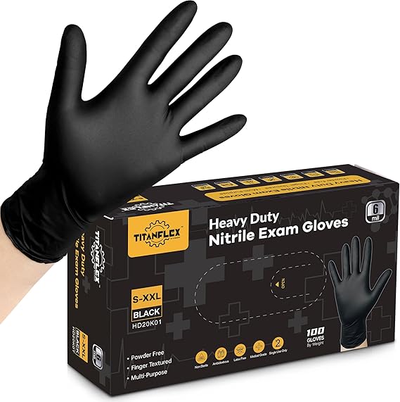 TitanFlex Disposable Nitrile Exam Gloves, 6-mil, Black, Heavy Duty, Latex
