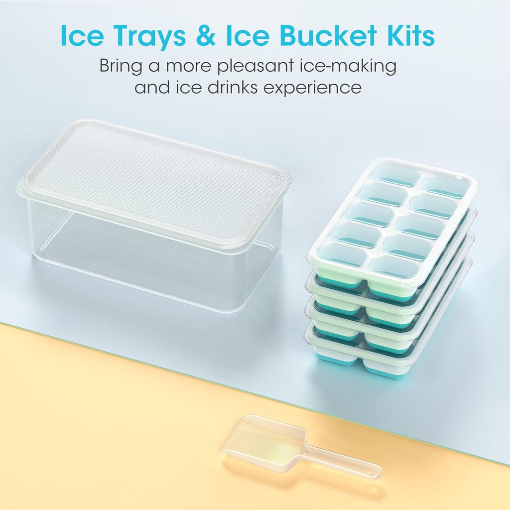 DOQAUS Ice Cube Tray with Lid and Bin - 4 Pack Silicone Ice Cube Trays for