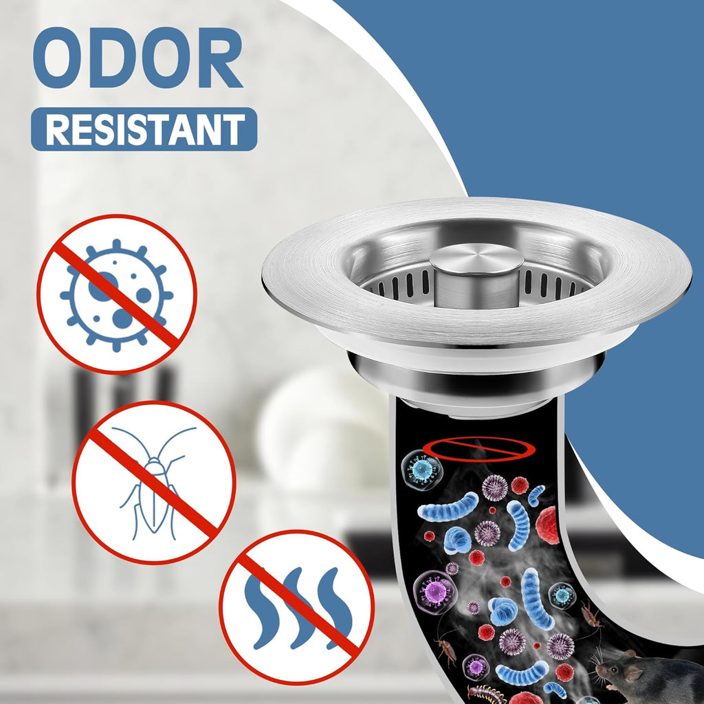 Kitchen Sink Drain Strainer 3 in 1, 304 Stainless Steel Pop Up Sink Stopper