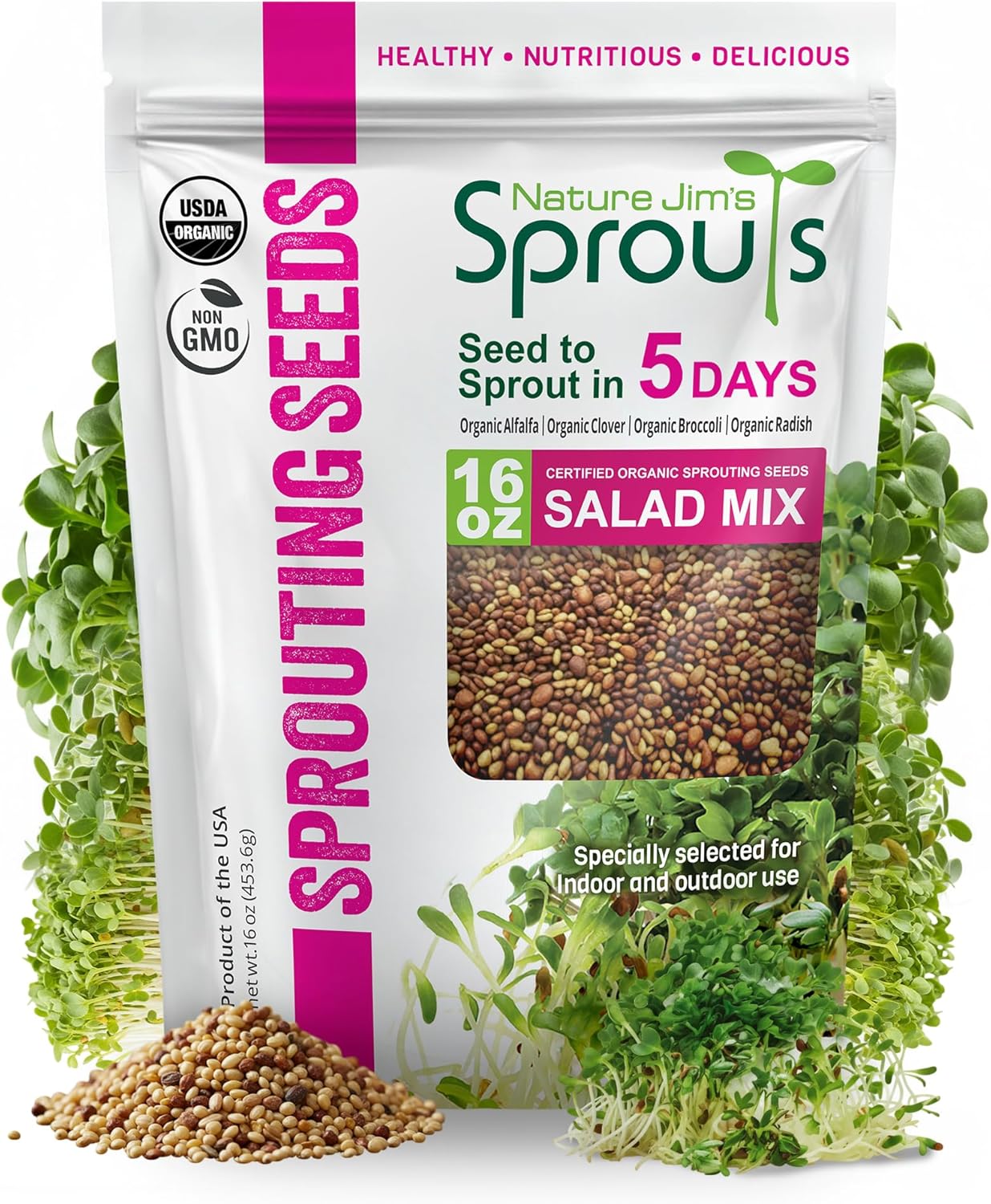 Nature Jim‰۪s Sprouts Organic Salad Mix ‰ÛÒ Non-GMO Microgreen Seeds, Perfect for Growing Nutritious Organic Broccoli, Alfalfa, Radish & Clover Sprouts ‰ÛÒ Easy Indoor/Outdoor Home Sprouting Seeds ‰ÛÒ 1lb