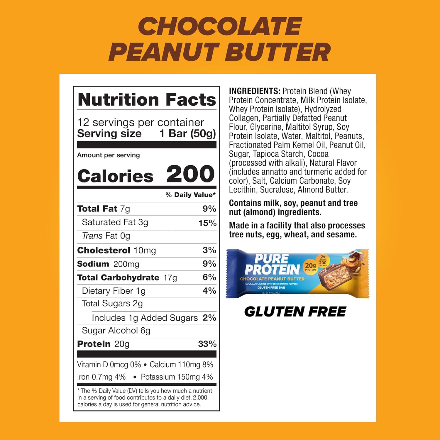 Pure Protein Chocolate Peanut Butter Protein Bars ‰ÛÒ 20g Protein, 3g Sugar, 190 Calories (12 count) Low Sugar* High Protein Snack - Gluten Free - Perfect for a Healthy Snack