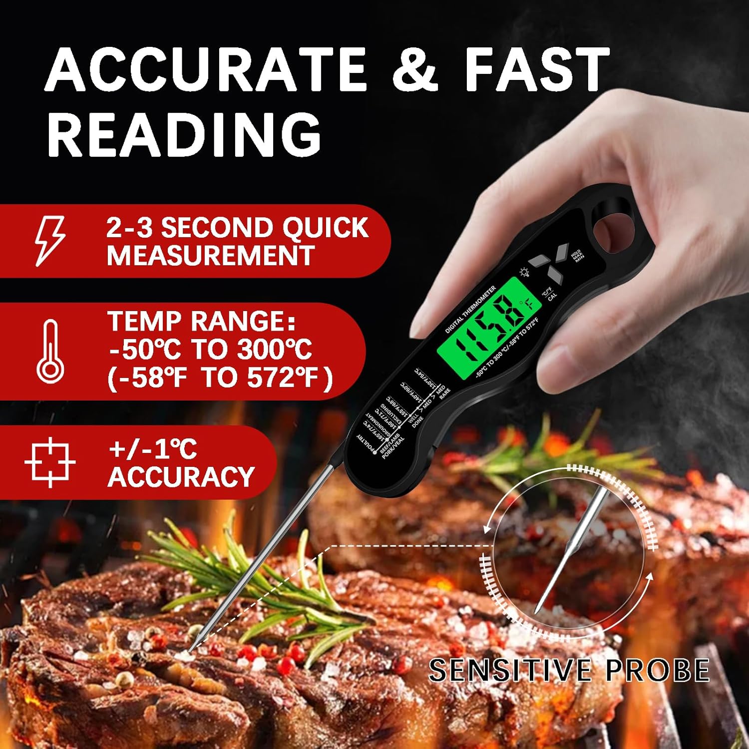 Meat Thermometer Digital•?ÎIP67 Waterproof Cooking Thermometer with Backlight, Calibration & Hold Function•?ÎFood Thermometer for Cooking,Outdoor Grilling