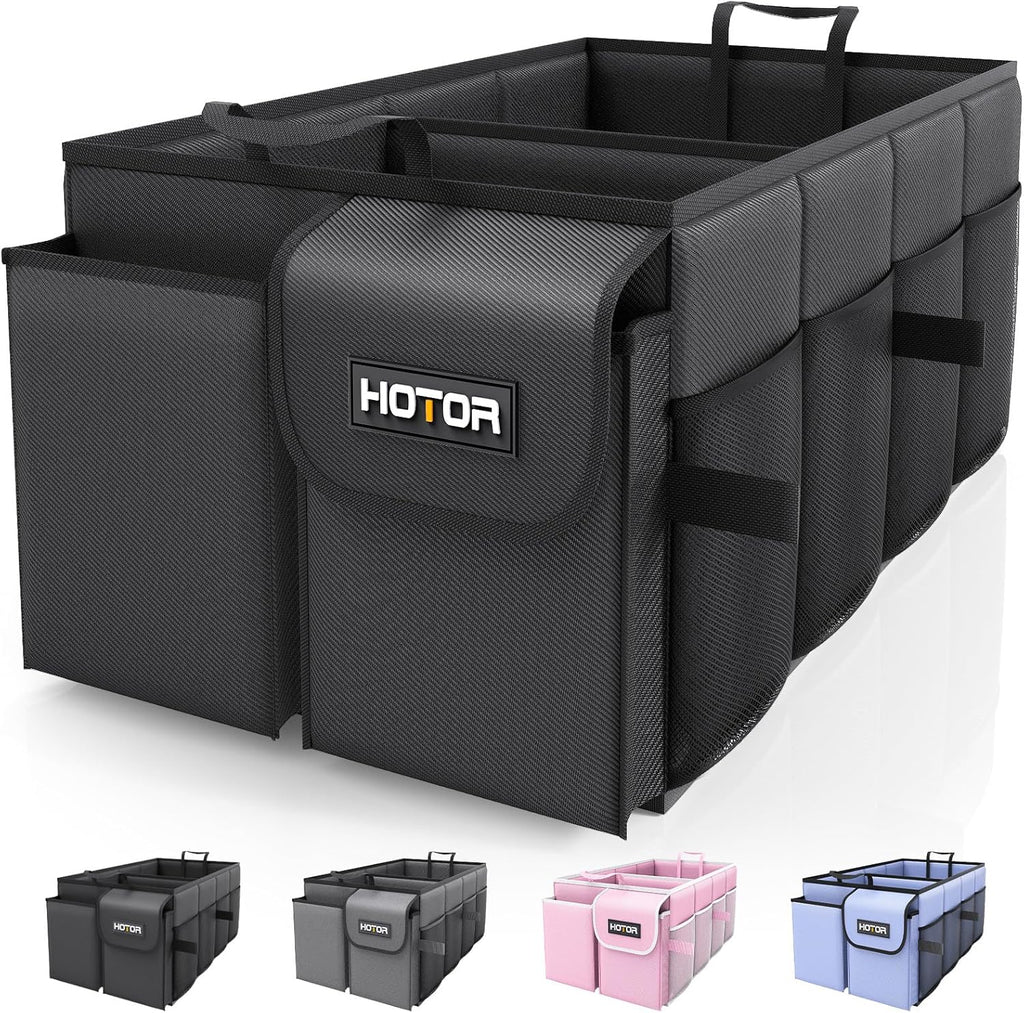 HOTOR Trunk Organizer - Car Organizer, Foldable Trunk organizer for SUVs & Sedans, Sturdy Car Organization for Car Accessories, Tools, Sundries, Black, 2 Compartments, 21.3"ÌÑ12.6"ÌÑ10.6"