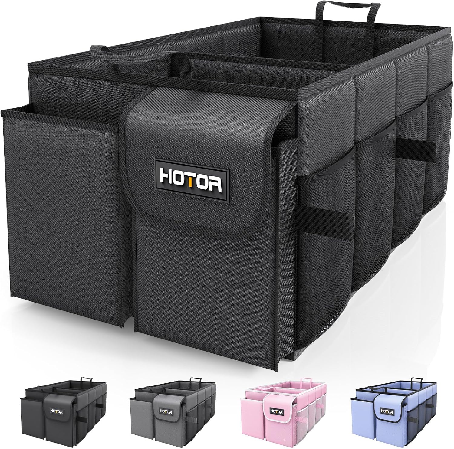 HOTOR Trunk Organizer - Car Organizer, Foldable Trunk organizer for SUVs & Sedans, Sturdy Car Organization for Car Accessories, Tools, Sundries, Black, 2 Compartments, 21.3"ÌÑ12.6"ÌÑ10.6"