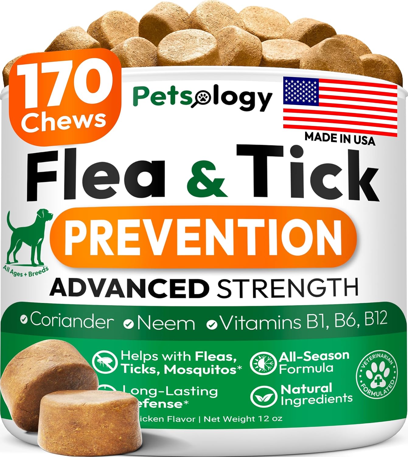 Flea and Tick Prevention for Dogs Pills - 170 Soft Chewables - Natural Dog Flea & Tick Control - Oral Defense Treatment for Dogs Supplement - Vet Formulated Chews - All Breeds & Ages - Made in USA