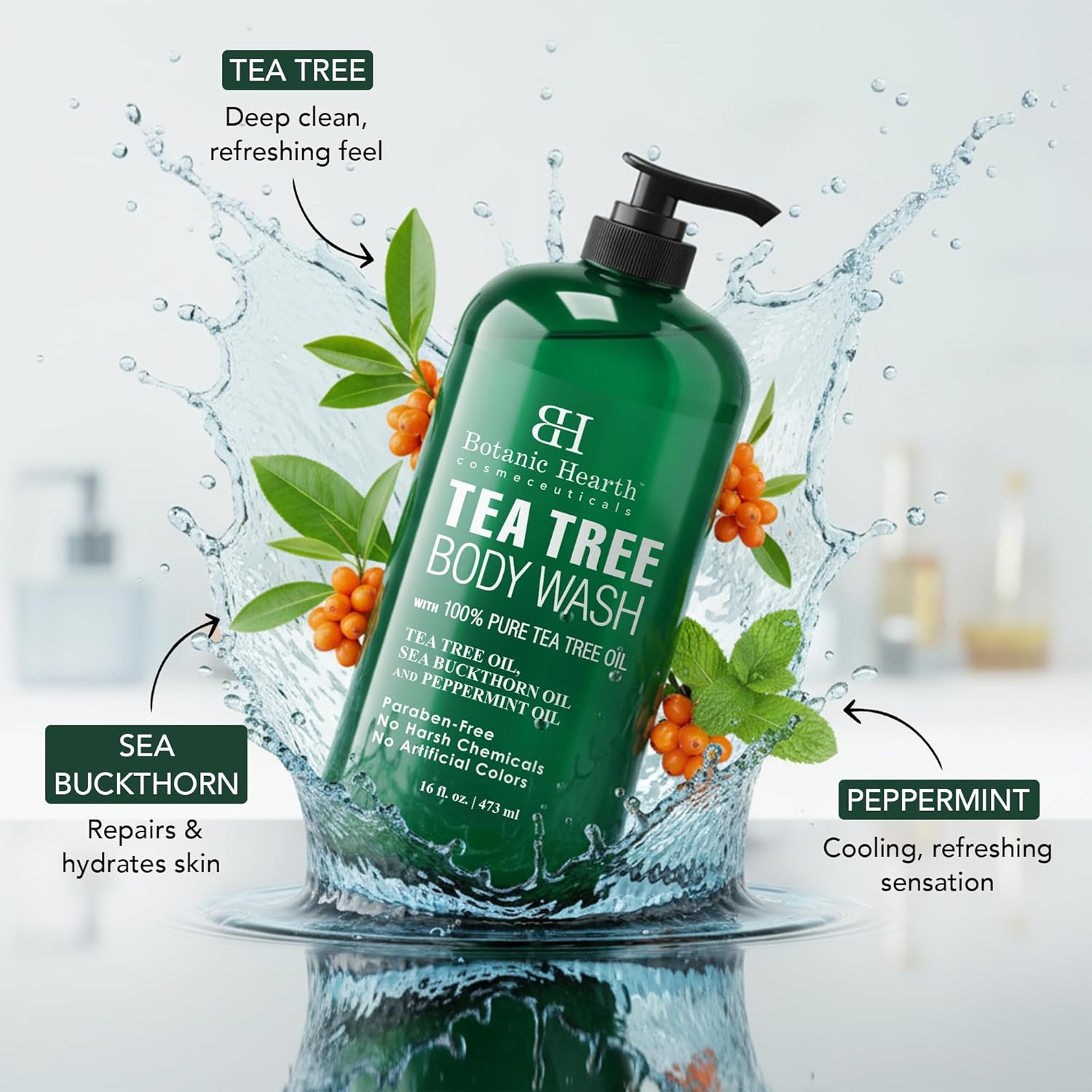 Botanic Hearth Tea Tree Body Wash -16 fl oz- All-Natural Antifungal & Odor-Control Shower Gel for Acne, Athlete‰۪s Foot, Ringworm, Jock Itch & Healthy Skin,Sulfate & Paraben Free, for Men and Women