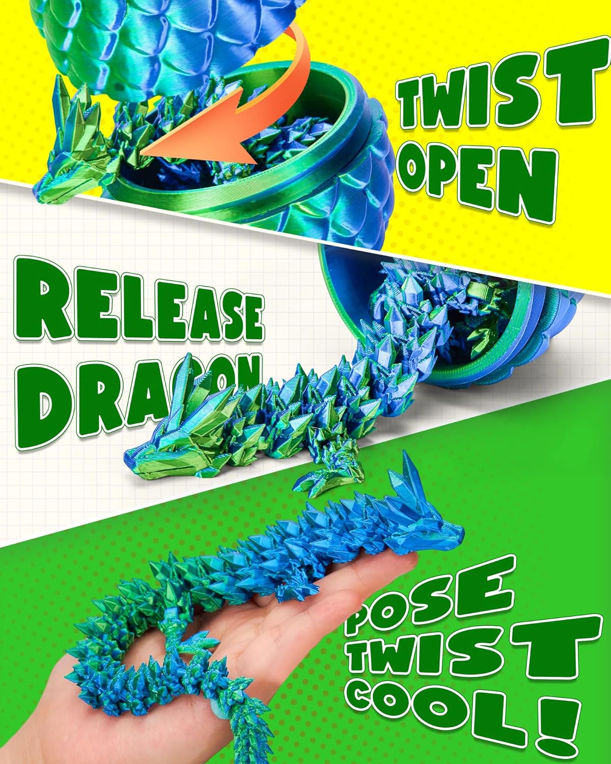 TBOLINE 12" 3D Printed Dragon Egg, Cool 3D Printer Articulated Crystal Dragon