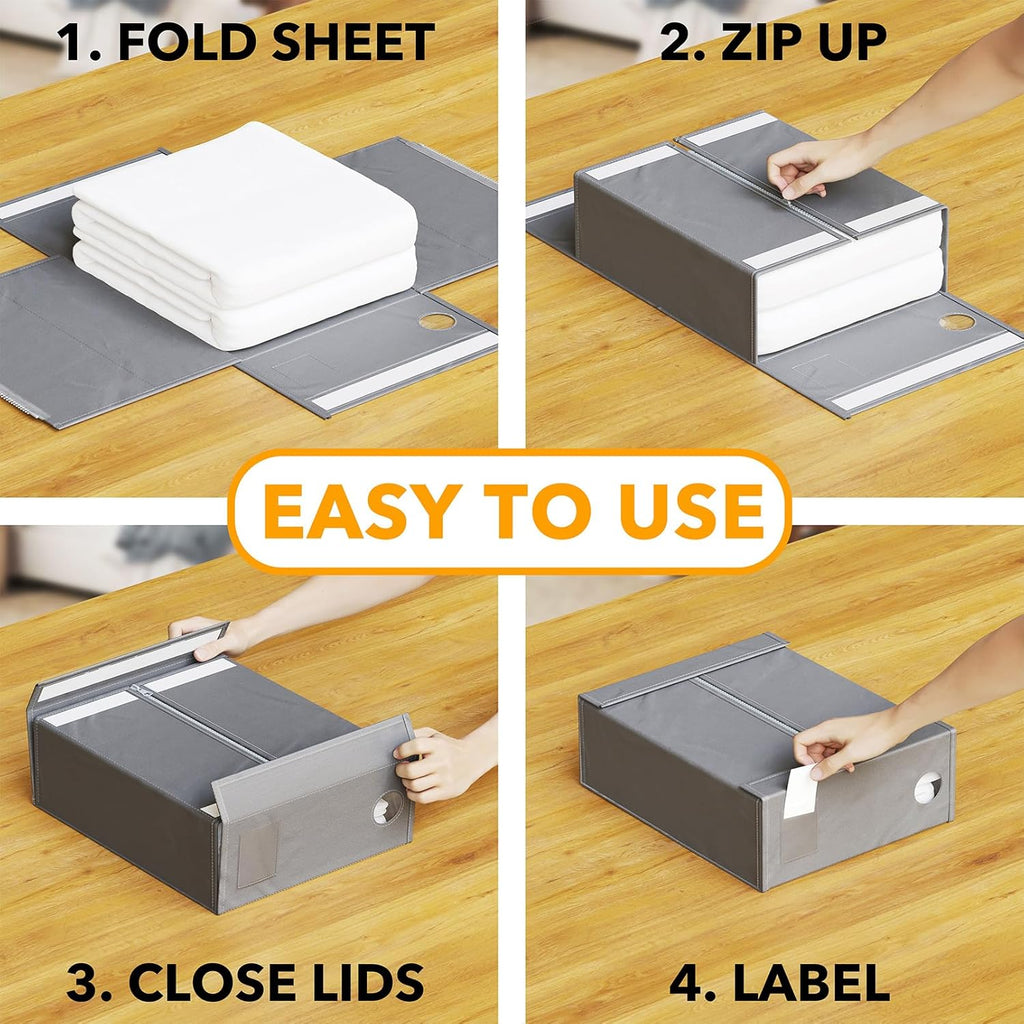 SpaceAid 4 Pack Bed Sheet Organizers and Storage, Foldable Organizer for Linen Closet, Sheets Set Folder Keeper with Window XL (Queen & King Size) Organizing Bedding Container, Gray 91ZDSN-SL01-G4