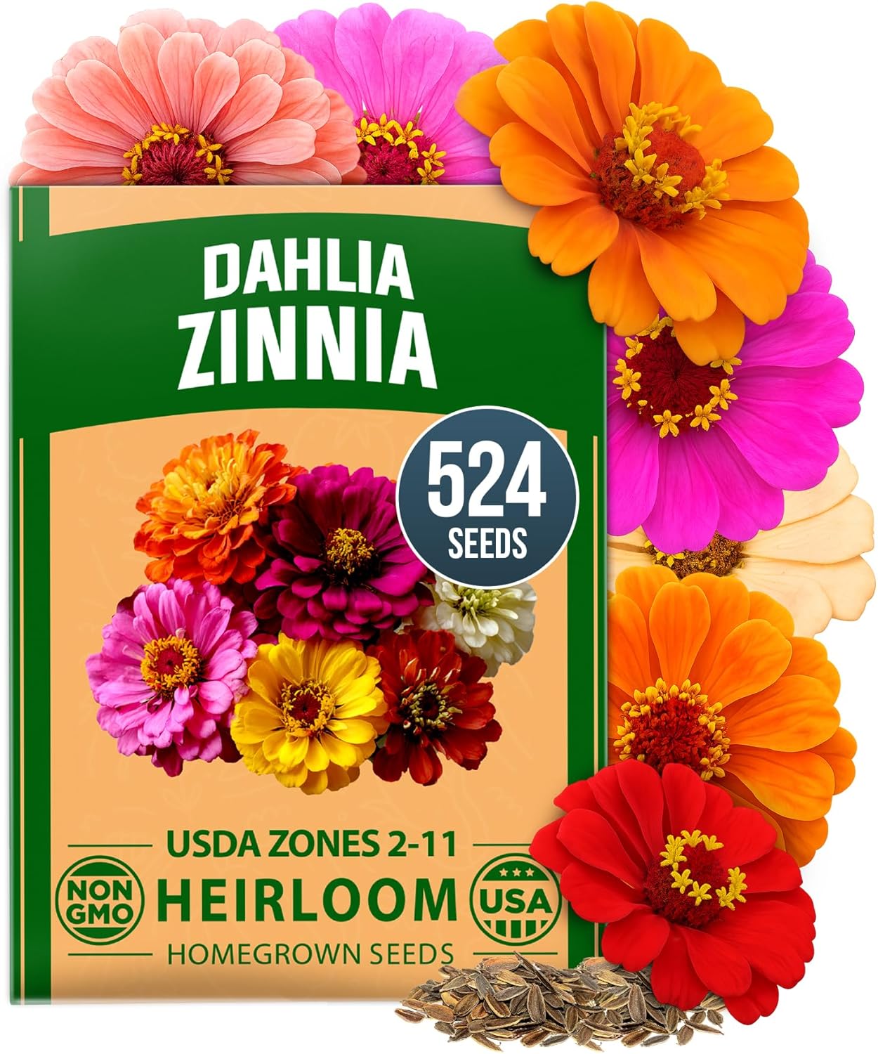 HOME GROWN Zinnia Dahlia Seeds Pack for 2026 Non GMO 524 Flower Seeds